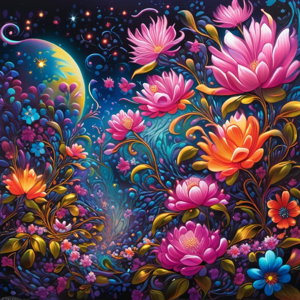 Metallic Flowers Graffiti Art Under Starry Night