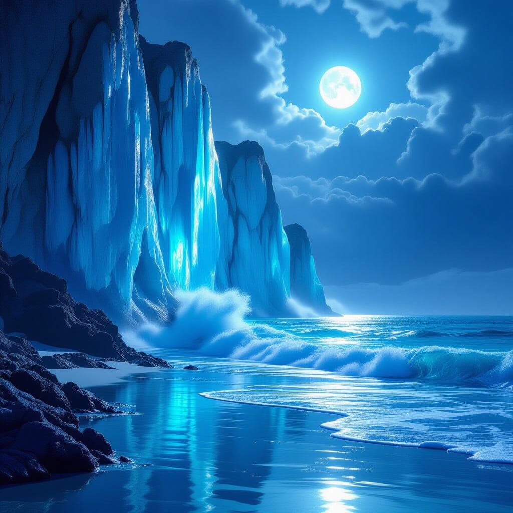Sapphire Crystal Cliffs with Luminous Waves Under Moonlight