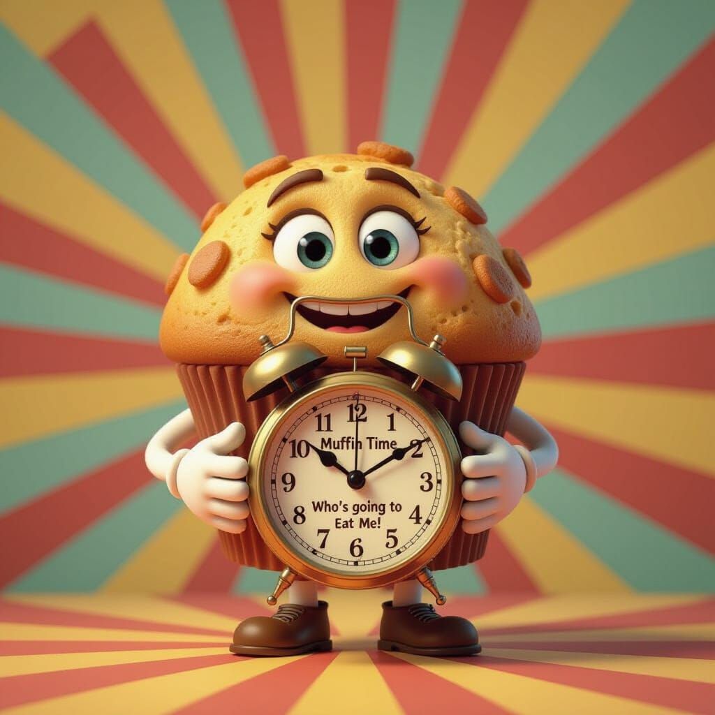Anthropomorphic Muffin Character with Vintage Clock
