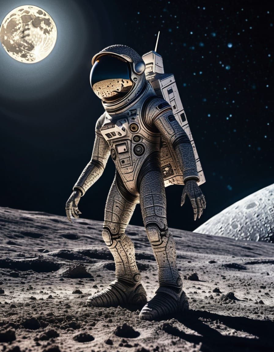 Pointillist Alien by Crashed Shuttle Under Moonlight