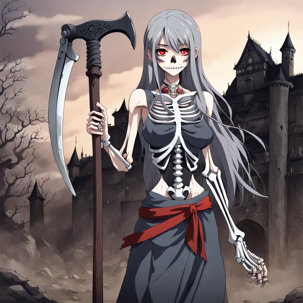 Skeleton Tattoo Woman with Scythe in Anime Style