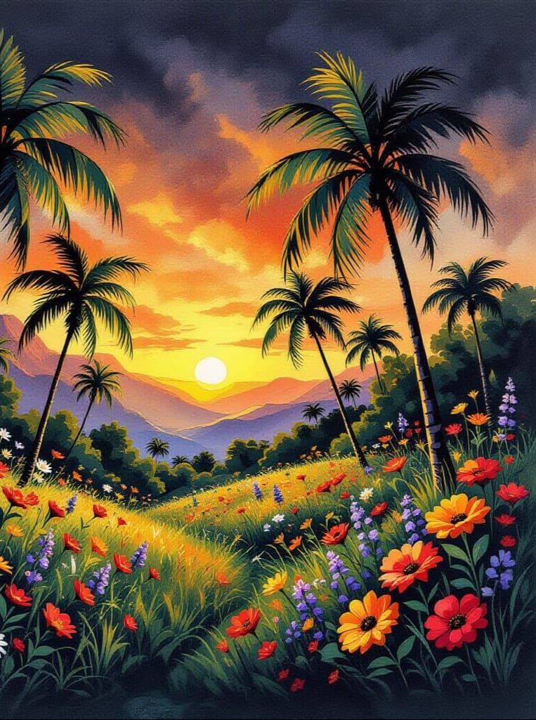 Vivid Palm Trees and Wildflowers in Moody Charcoal Drawing