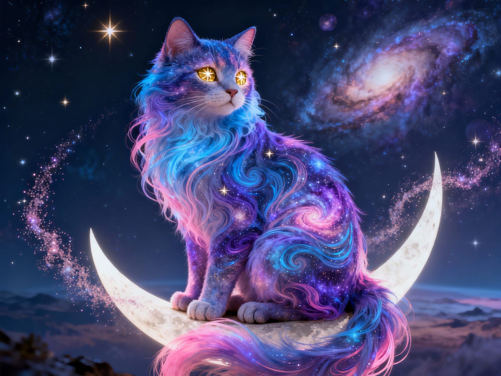 Cosmic Cat Sits on Crescent Moon