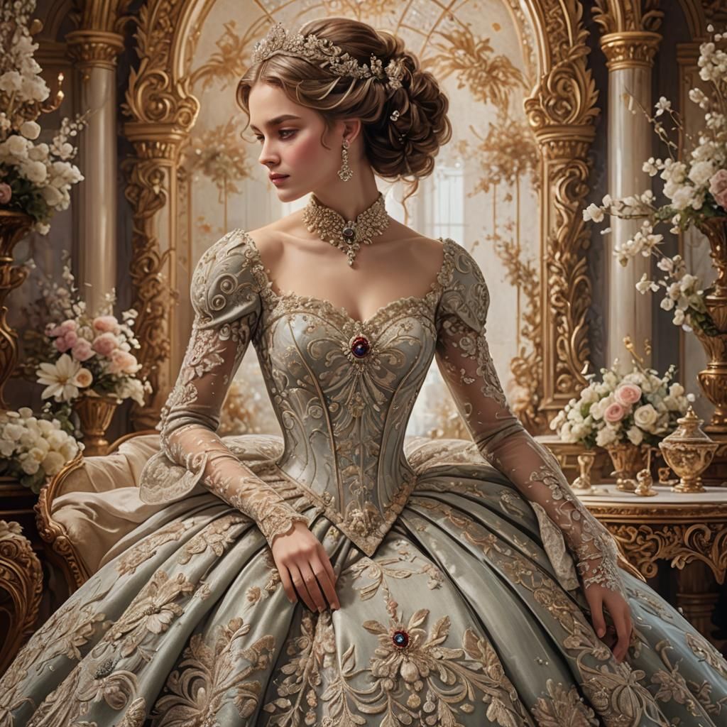 Regal Woman in Lavish Ballroom, Digital Art