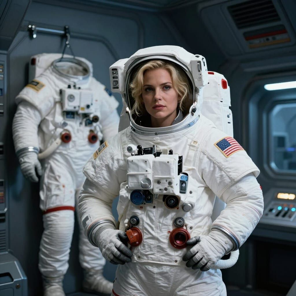 Proud Female Astronaut in Spacecraft Interior