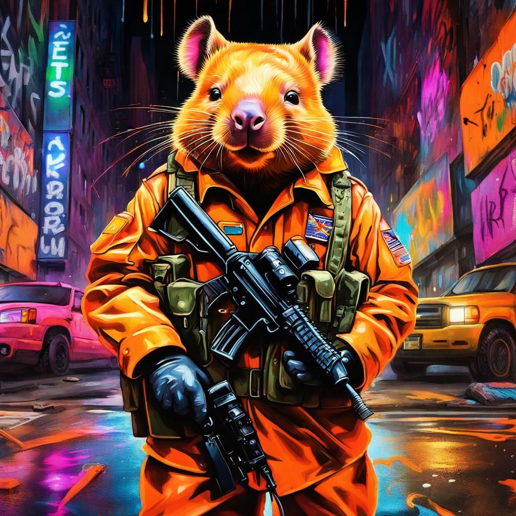 Wombat Soldier in Neon Cityscape Graffiti Art
