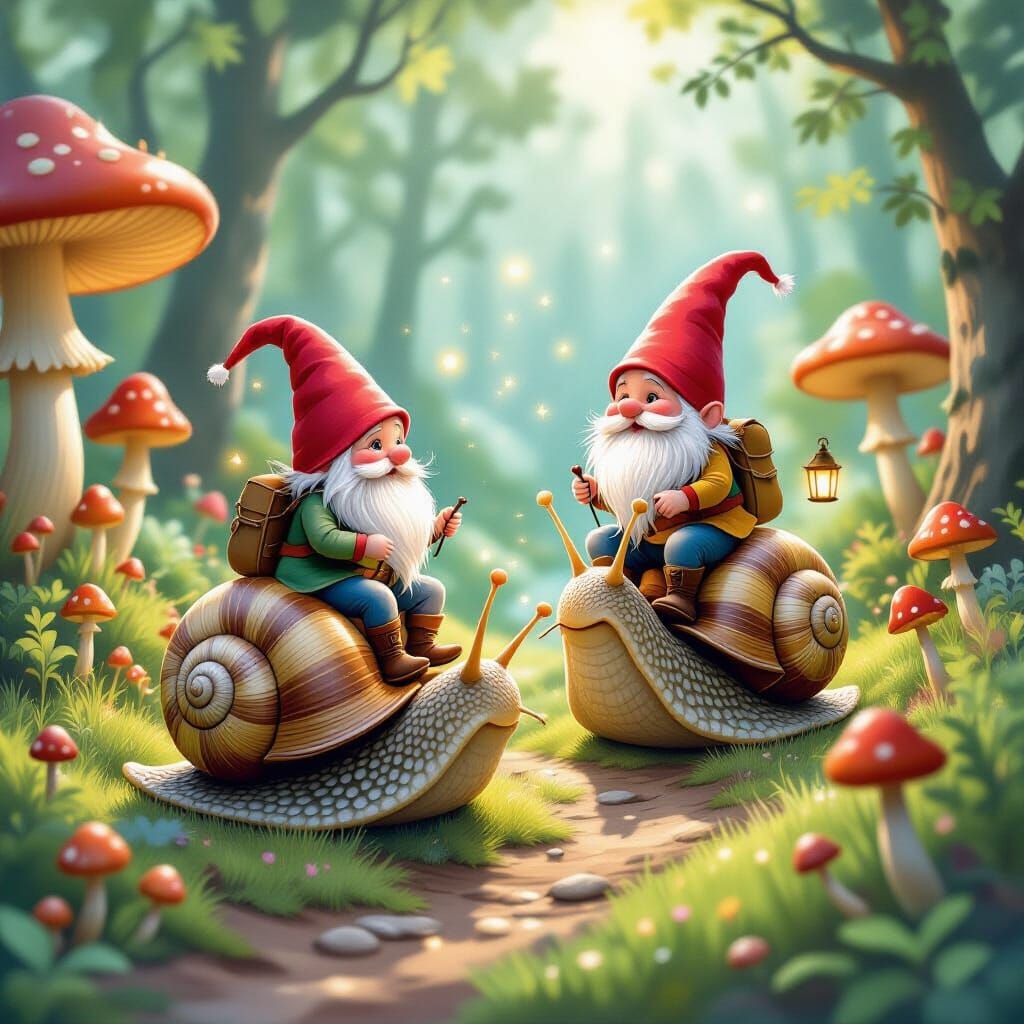 Gnomes Ride Snails Through Mushroom Forest in Watercolor Sty...