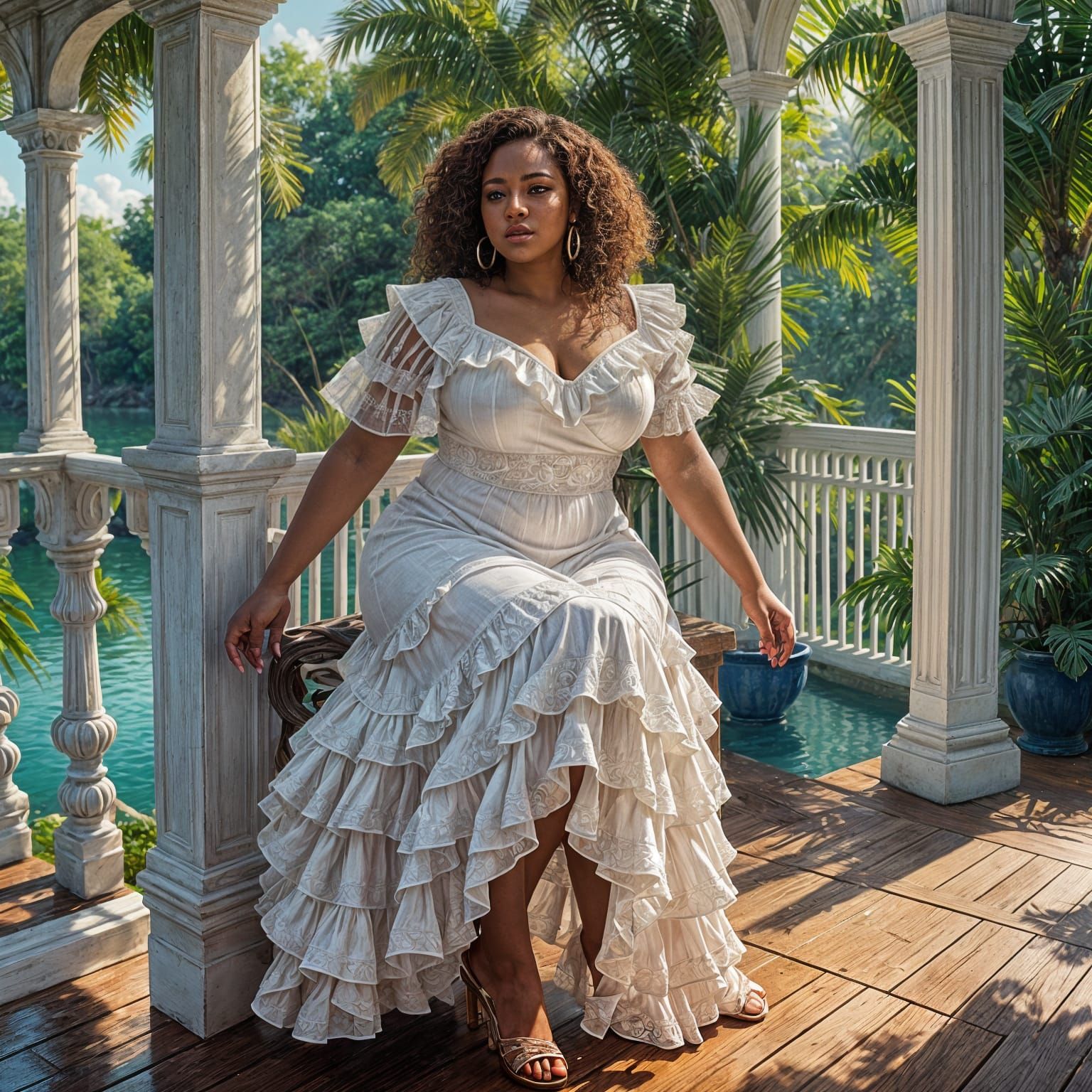 Caribbean Woman in White Dress Watching River