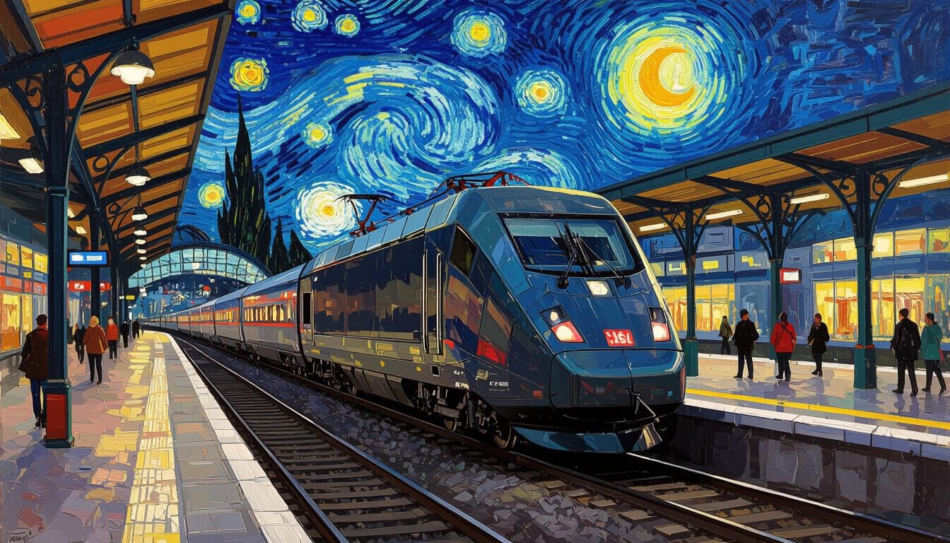 Modern Train Station in Van Gogh Style