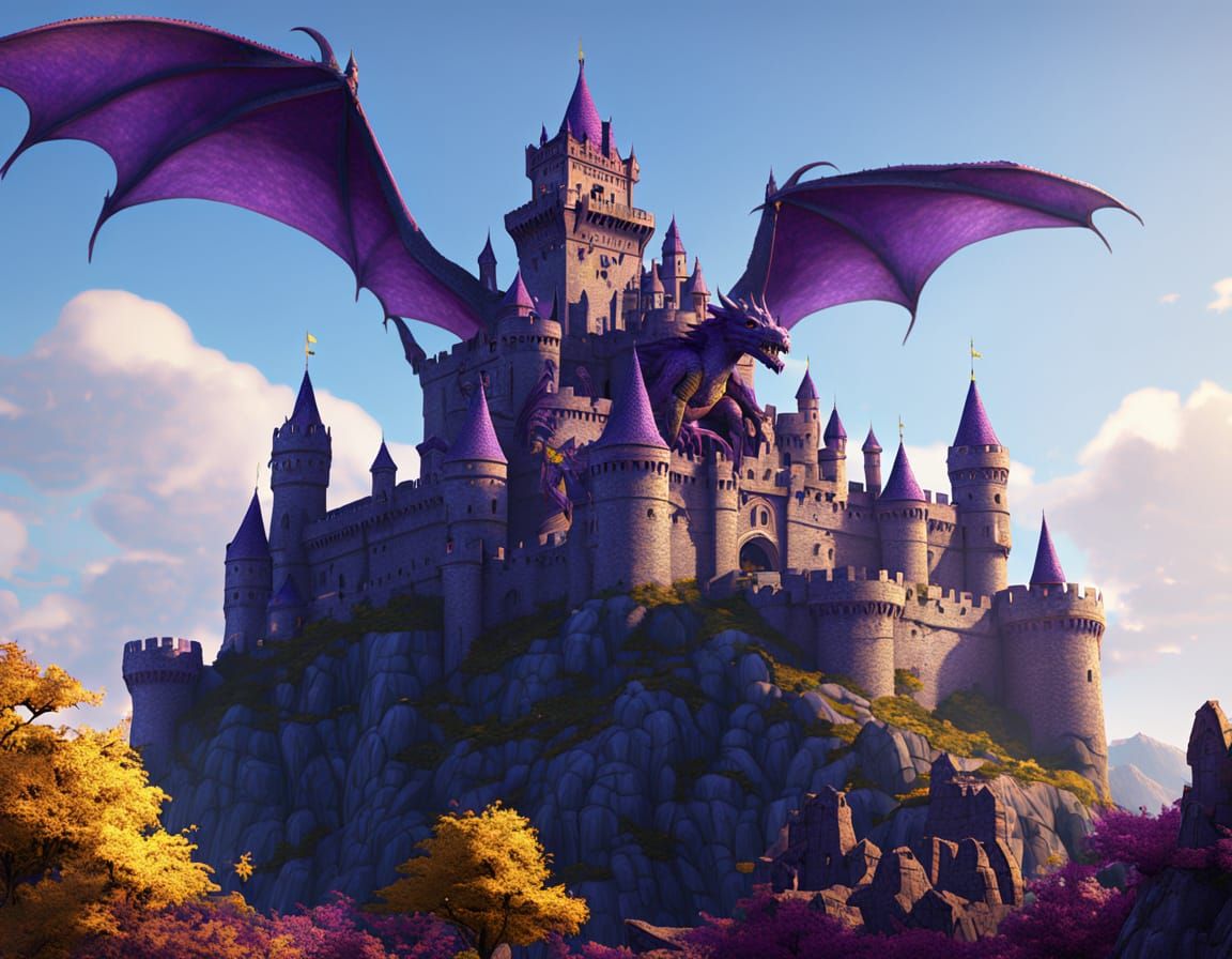 Magical Fortress with Dragon in Dark Fantasy Style