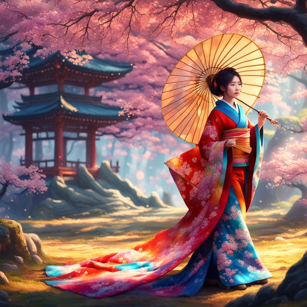 Woman in Kimono Walking in Mystical Forest
