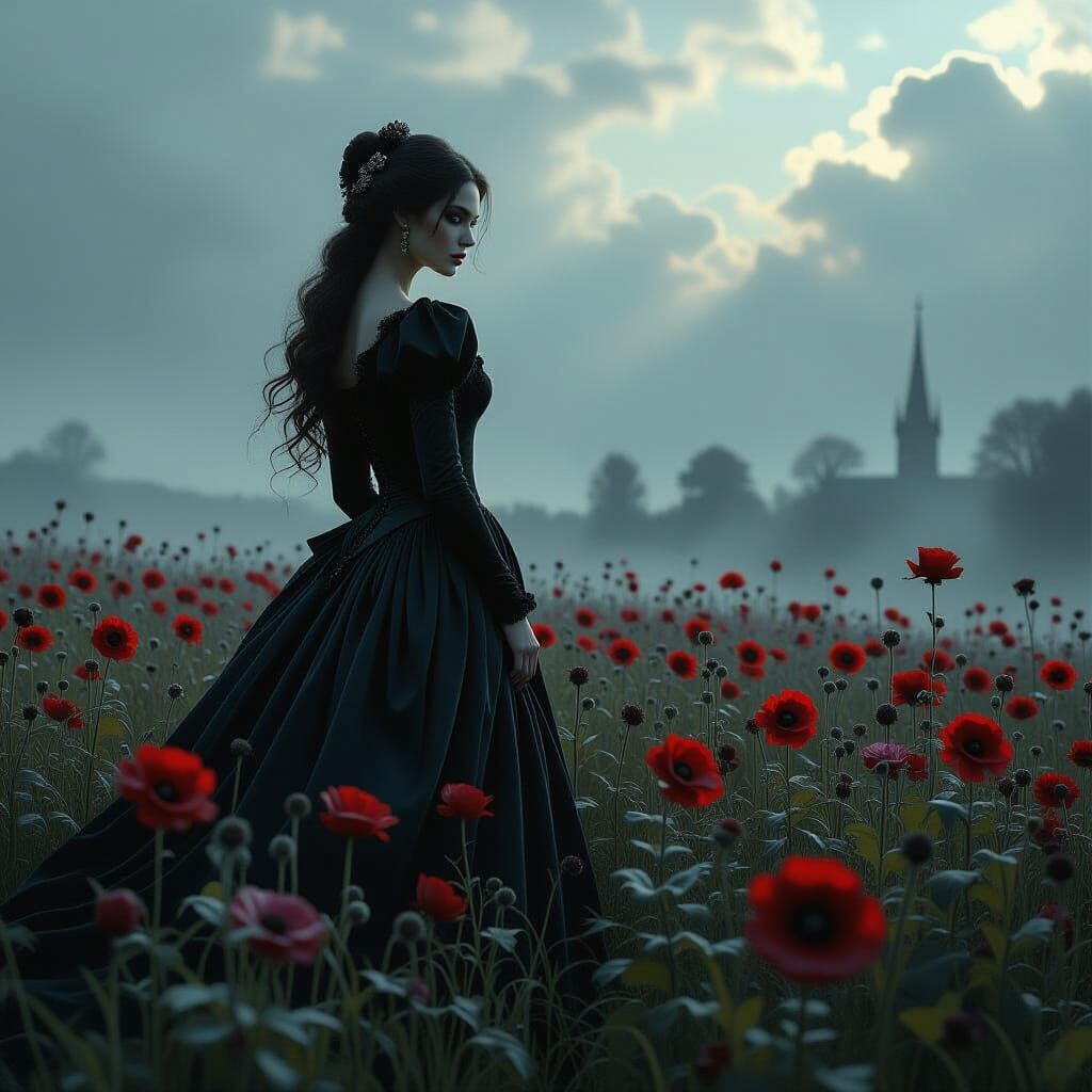 Majestic Lady Over Gothic Flowers in Cinematic Light