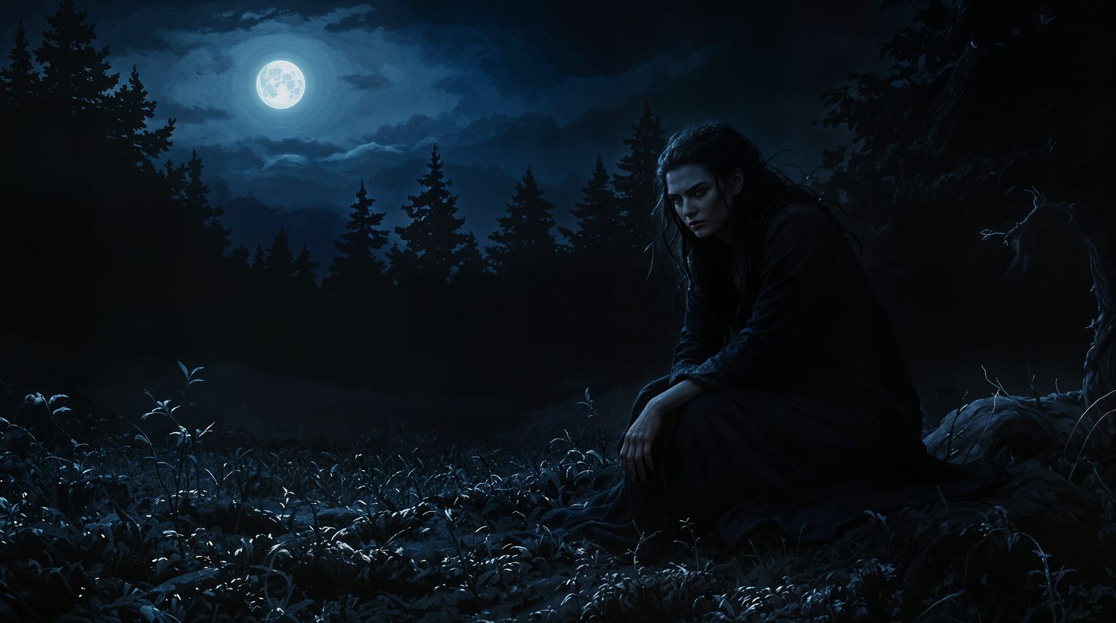 Norse Goddess in Dark Meadow by Moonlight