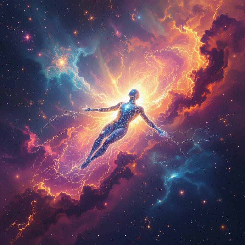 Luminous Cosmic Entity Drifting Through Colorful Nebula