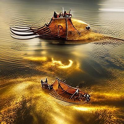 Steampunk Viking Longboat on Golden Water