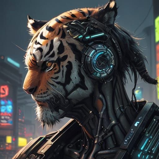 Cyberpunk Tiger in Neon Cityscape