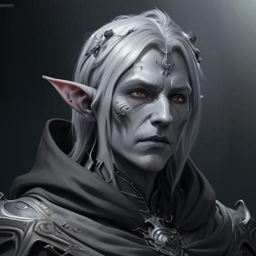 Undead Elf Portrait with Dark Crown, Detailed Concept Art