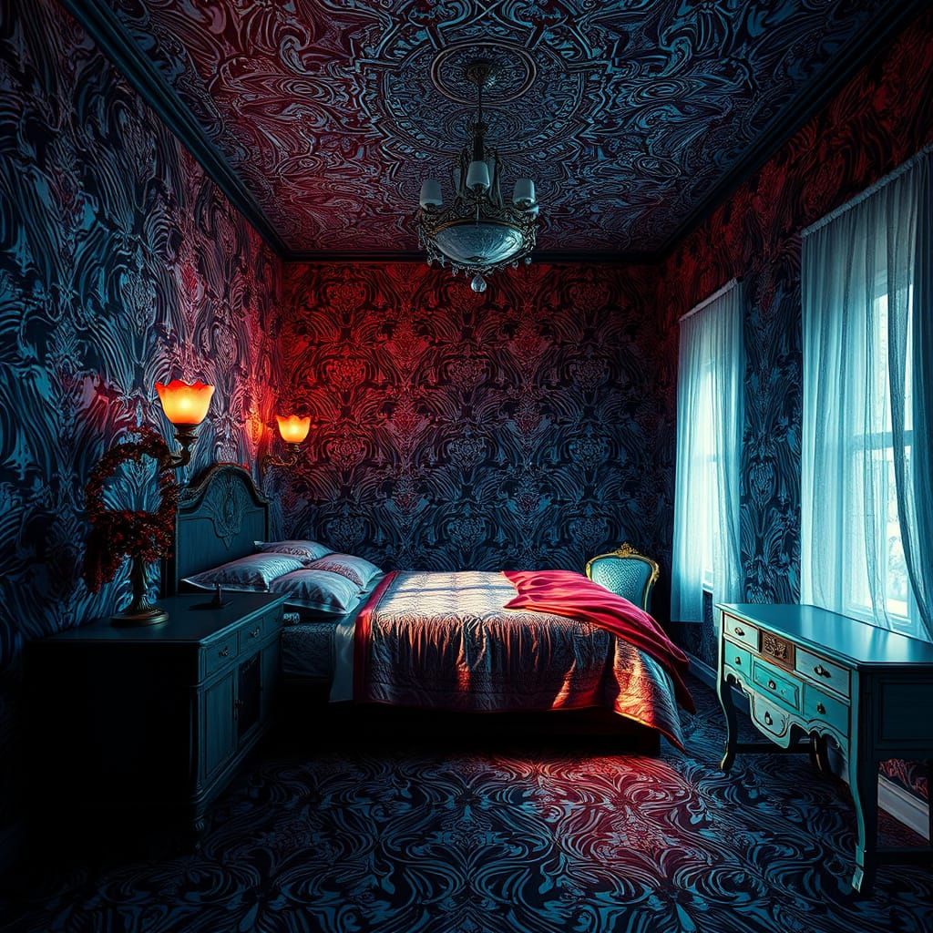 Surreal Bedroom With Abstract Patterns And Bright Lighting