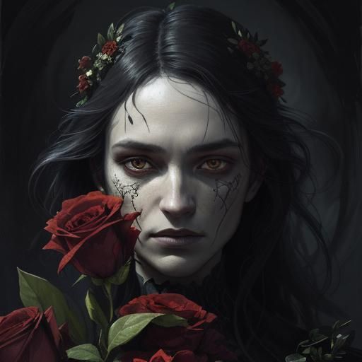 Dark Fantasy Portrait with Wilting Flowers