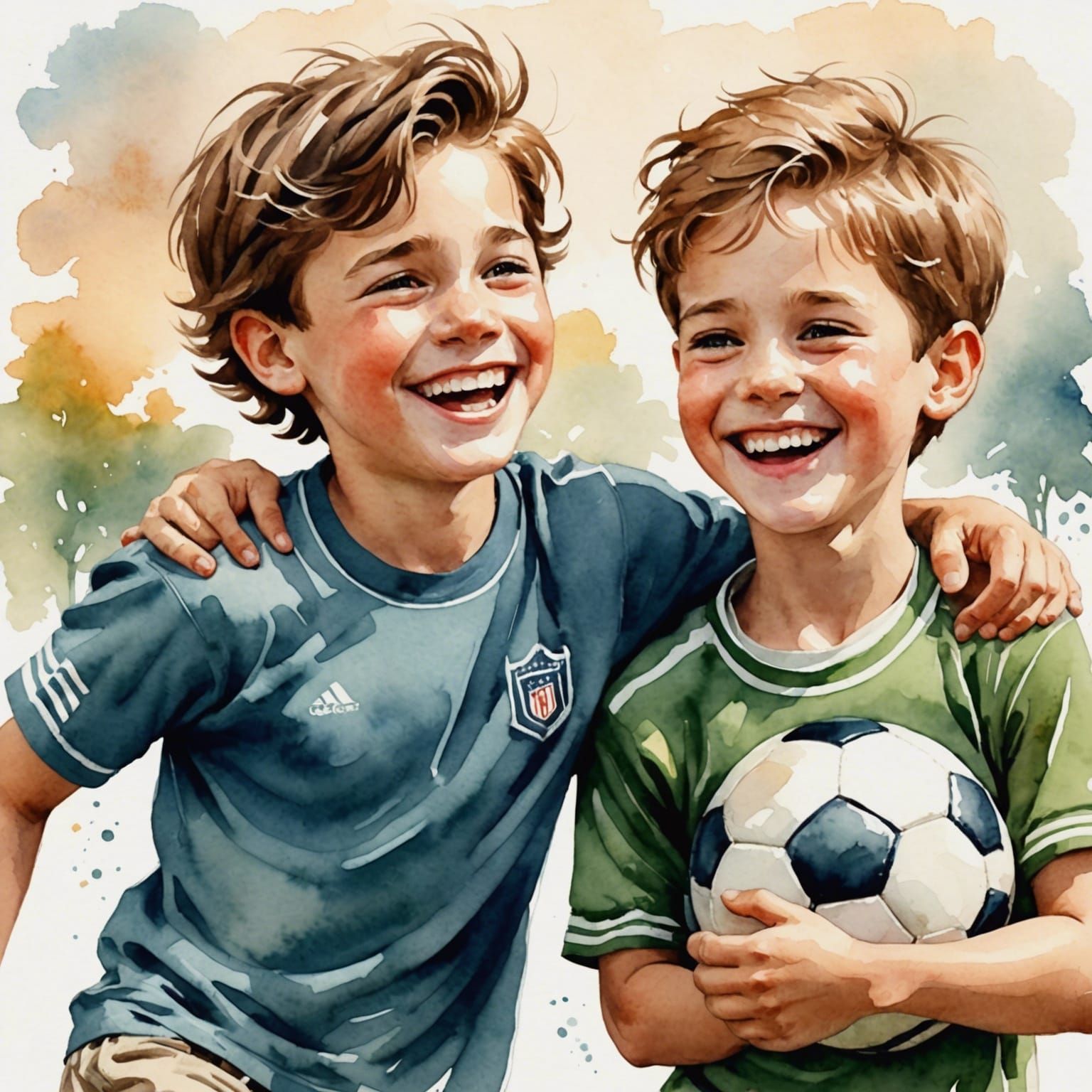 Watercolor of Boy with Friend Laughing