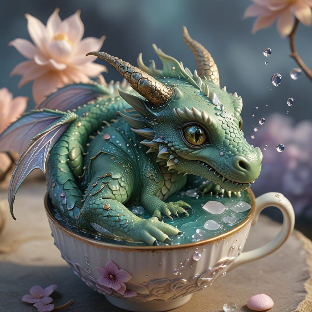 Realistic Kawaii Dragon in Teacup, 8K Render