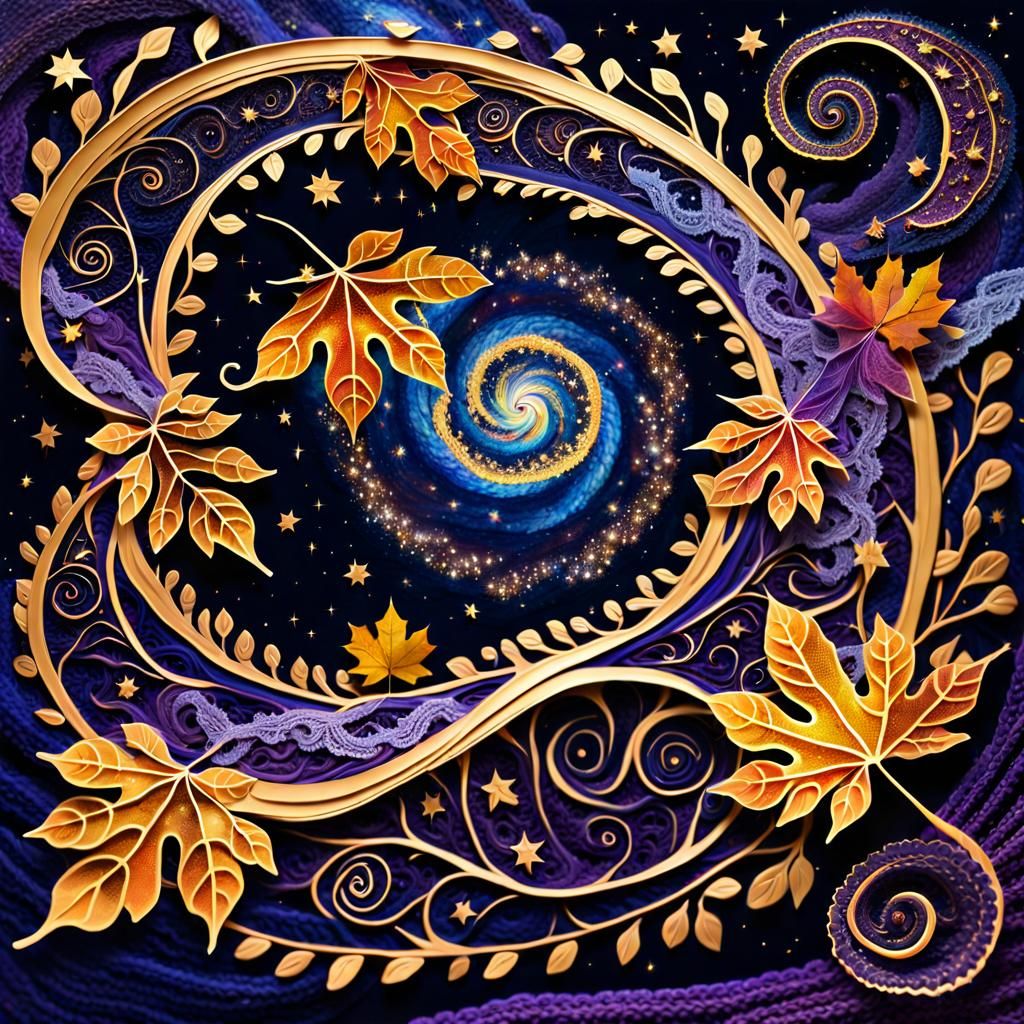 Golden Autumn Vortex in Starry Sky, Encaustic Style