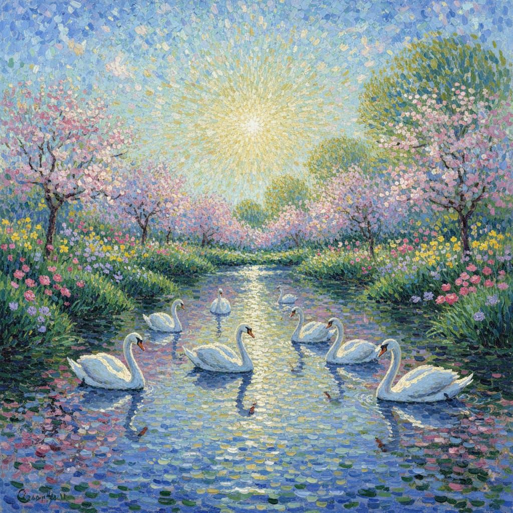 Seven Swans on English Countryside Stream in Monet Style