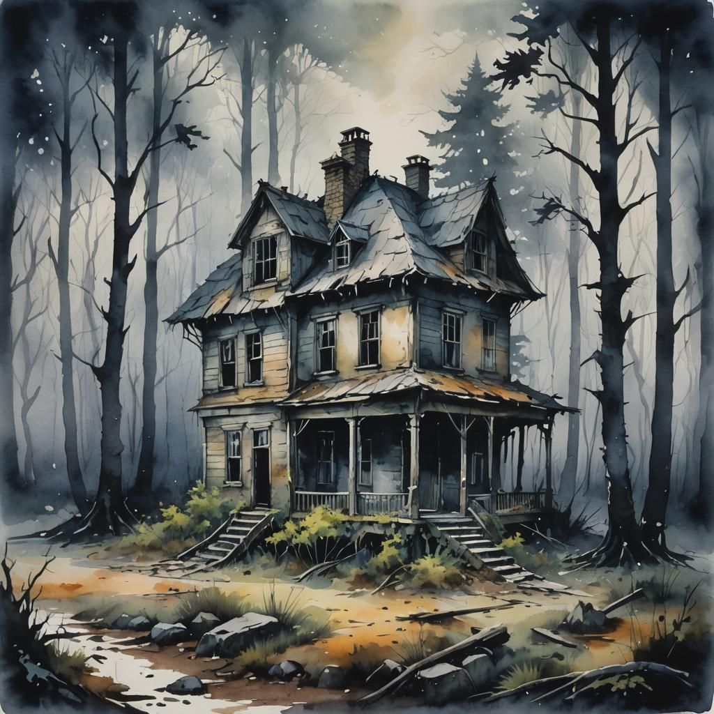 Abandoned House in Dark Forest: Watercolor Abstract