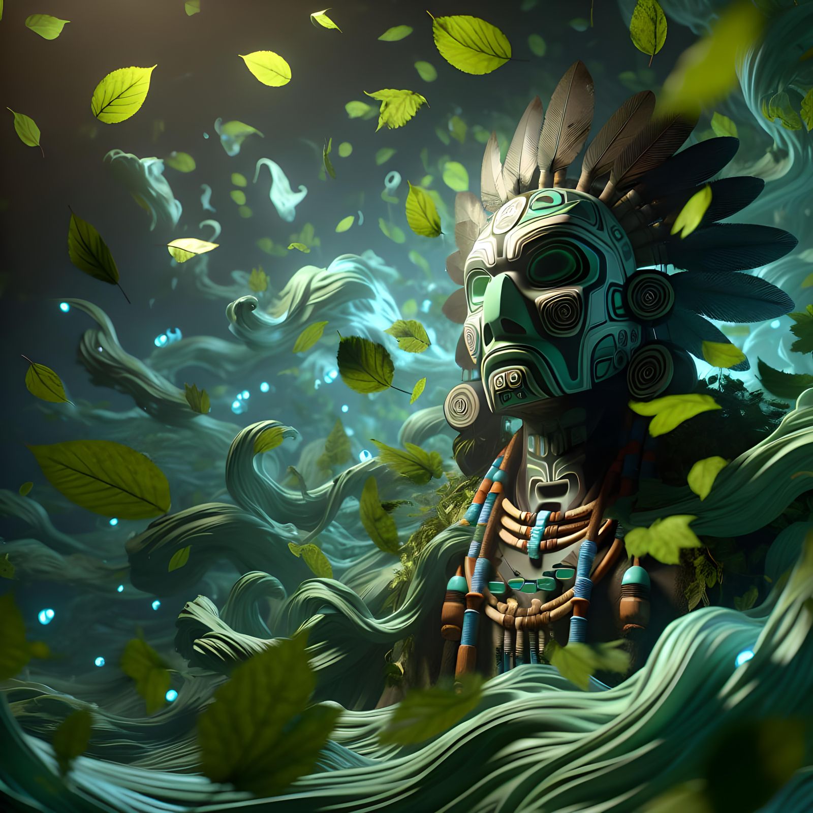 Haida Guardian with Tlingit Mask in Storm of Leaves