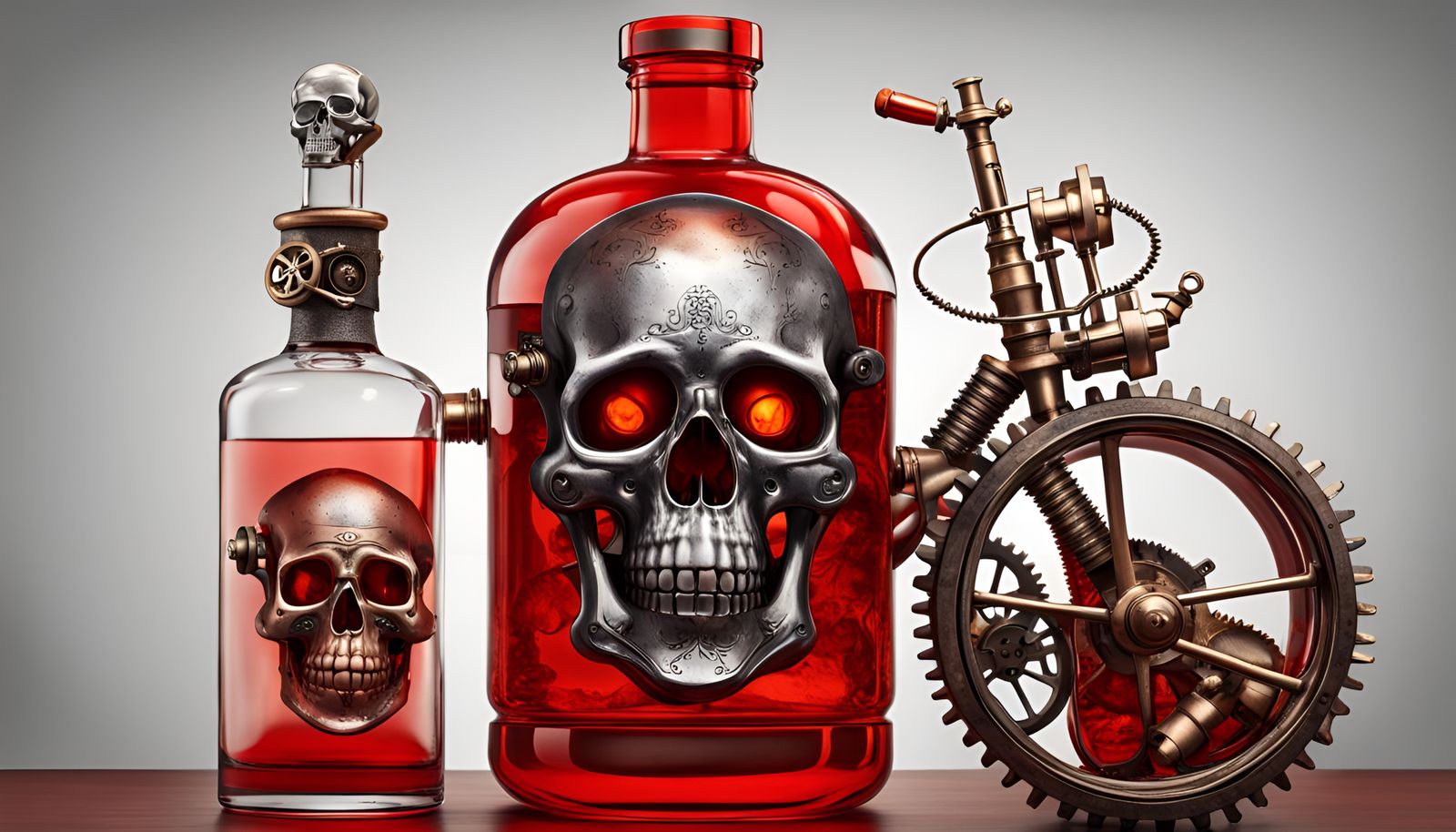 VOPA, Vodka with Chili peppers fire red Bottle and glass Skull steampunk