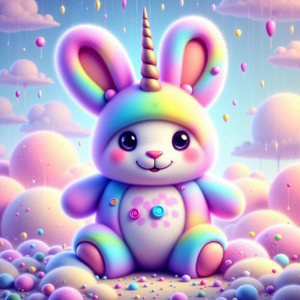 Fluffy Bunny in Rainbow Care Bear Unicorn Outfit