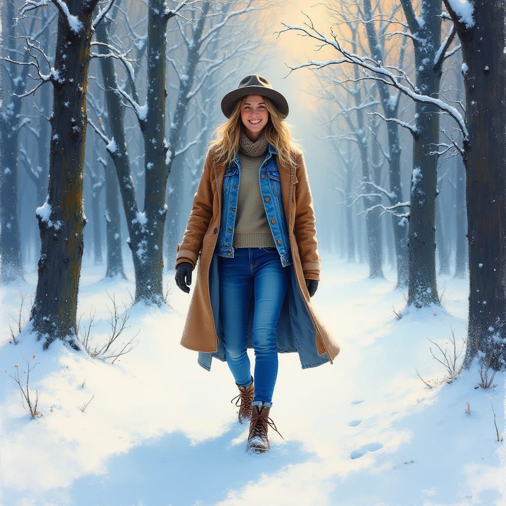 Elegant Woman in Snowy Winter Landscape, Watercolor Style