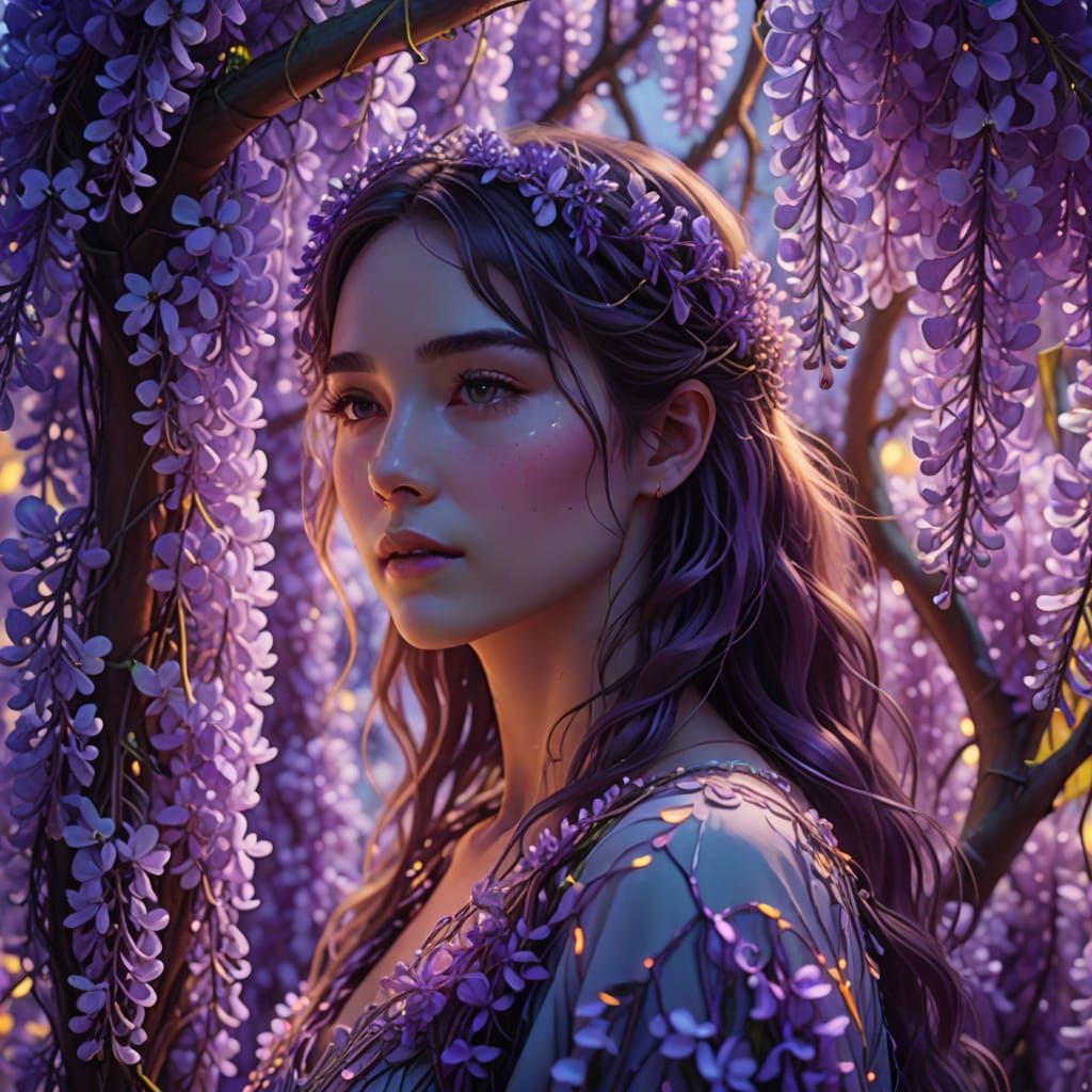 Neon Fairycore Woman in Wisteria Field