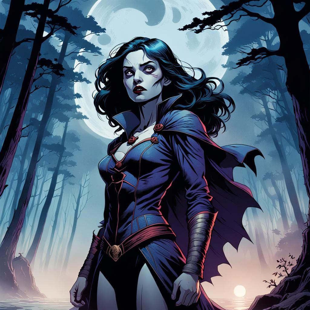 Beach woman vampire in the woods. Comic style Jaime Hewlett style