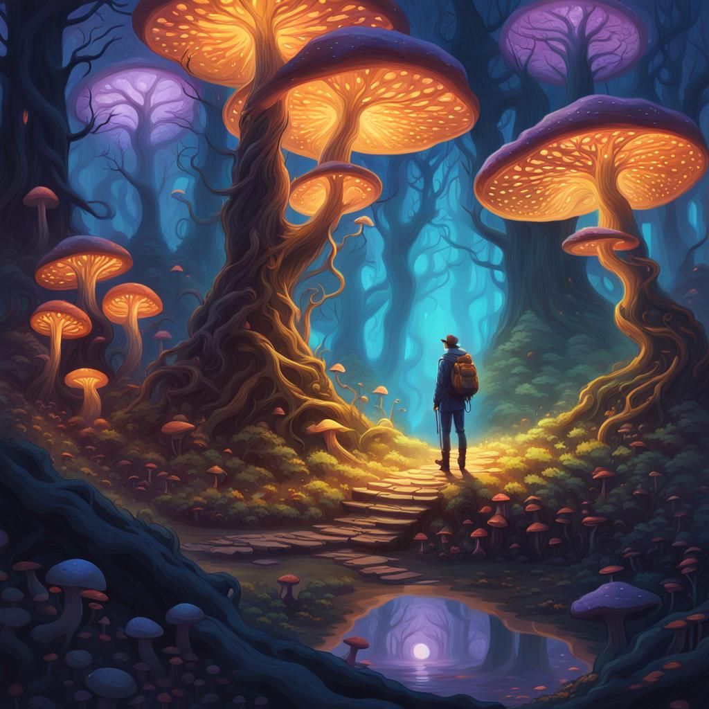 Mystical Forest Traveler in Dreamlike Fantasy Landscape