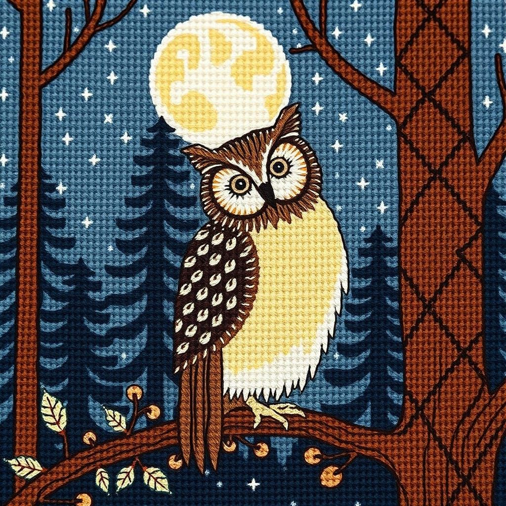 Whimsical Folk Art Embroidery of an Owl in the Night Forest