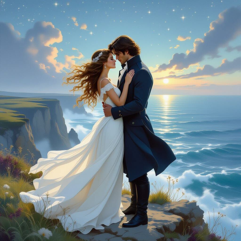 Starlit Embrace: Couple on Windswept Cliff