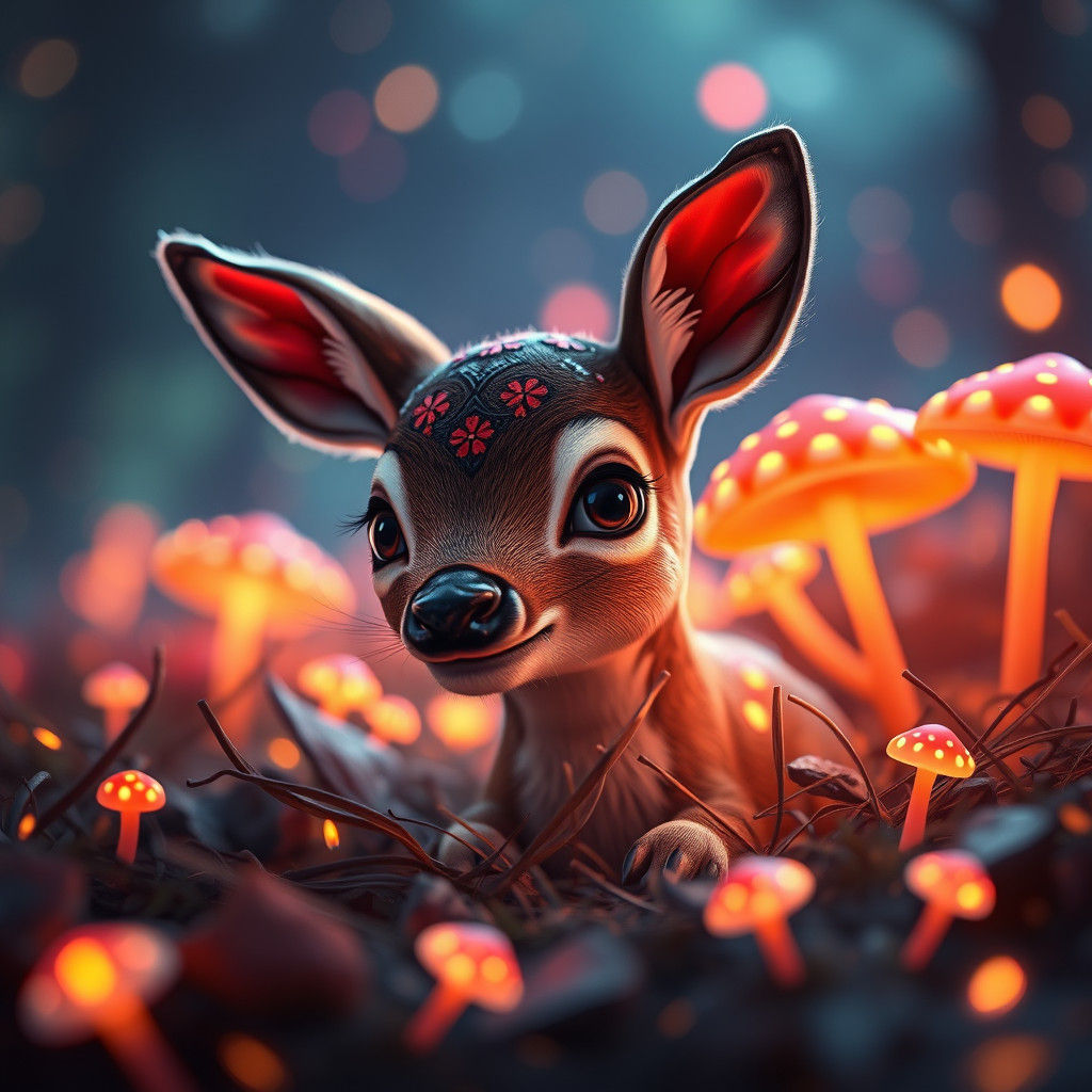 Cute Bambi Among Glowing Neon Mushrooms