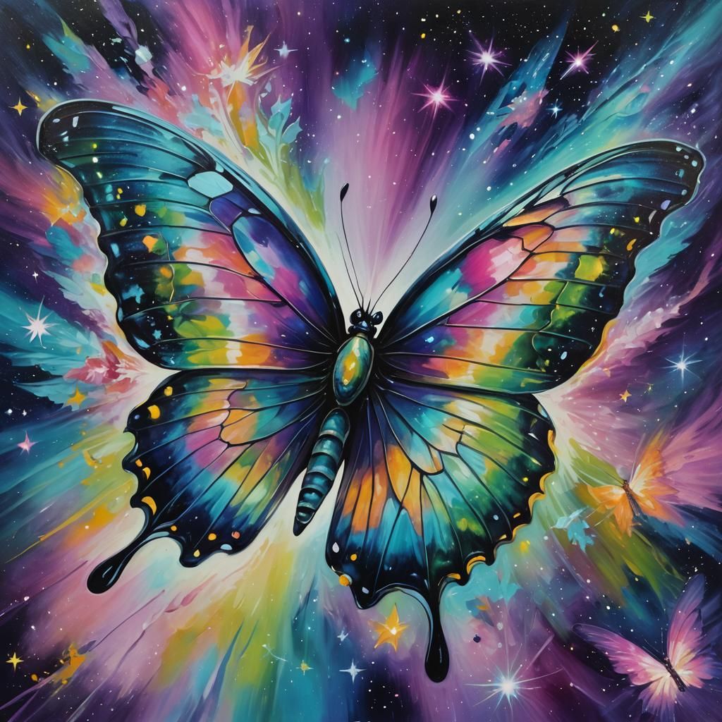 Butterfly Soaring Through Space: Surreal Oil Painting
