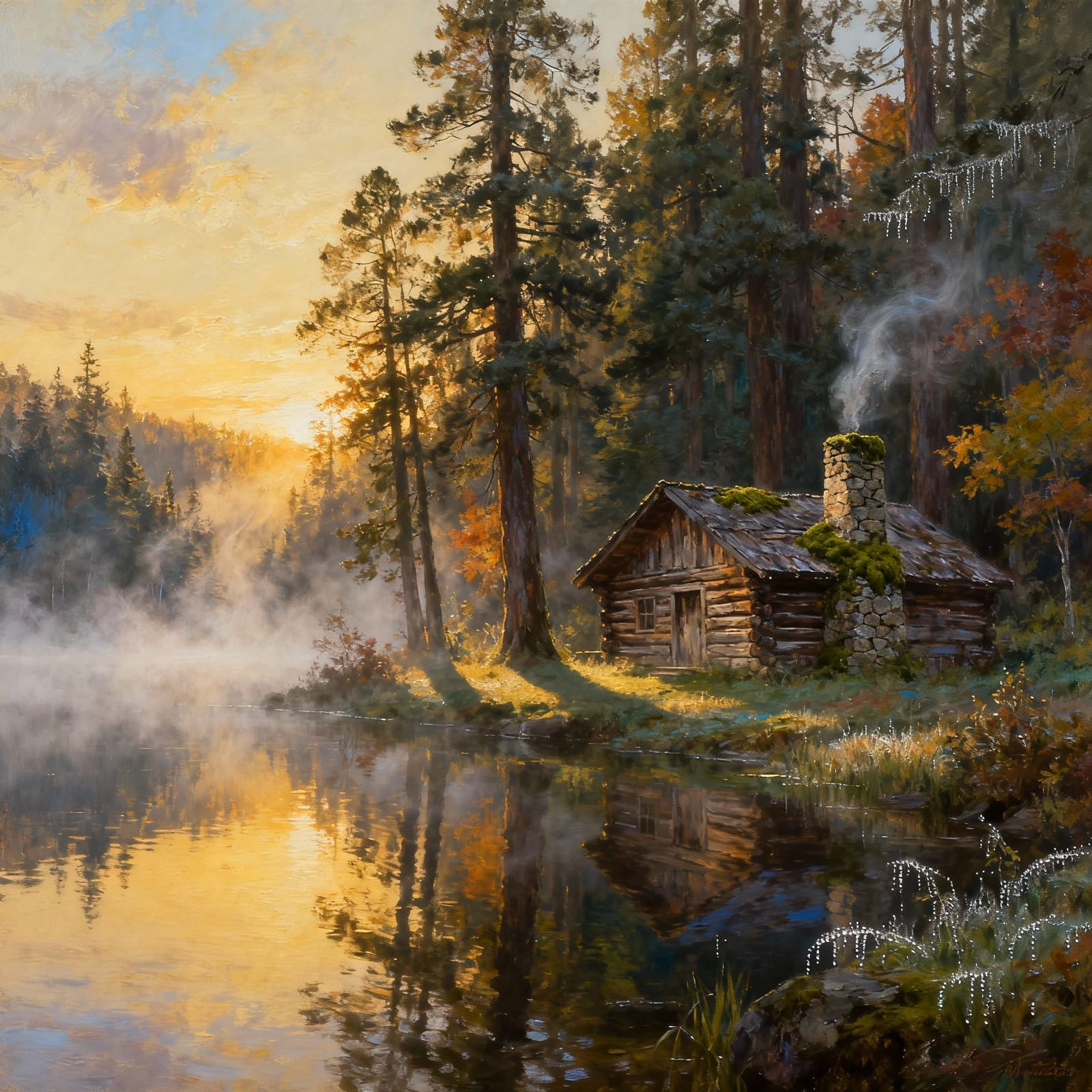 Sunrise Over Lakeside Cabin in Forest