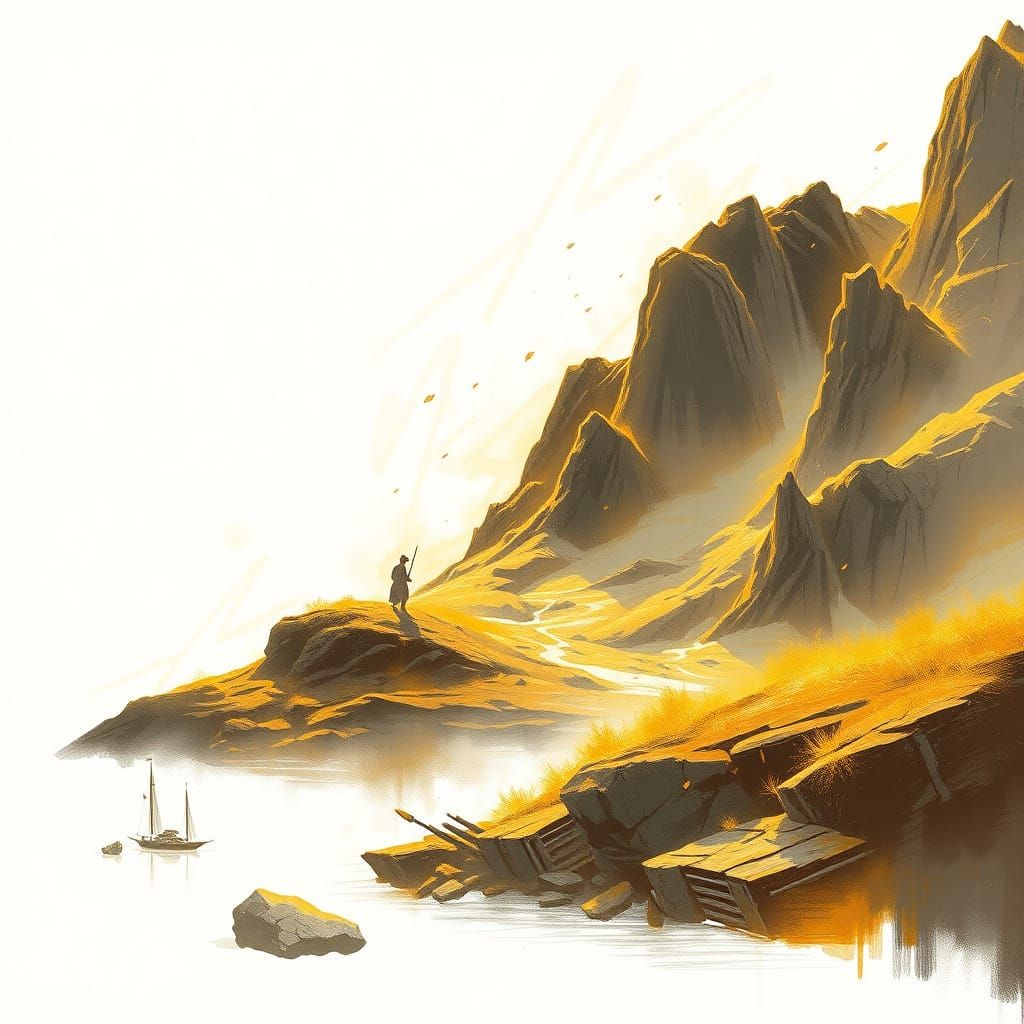 Minimalist Gold Sketch of Ancient Quest for Fire
