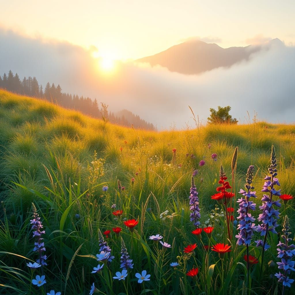 Sunlit Meadow in Misty Mountains
