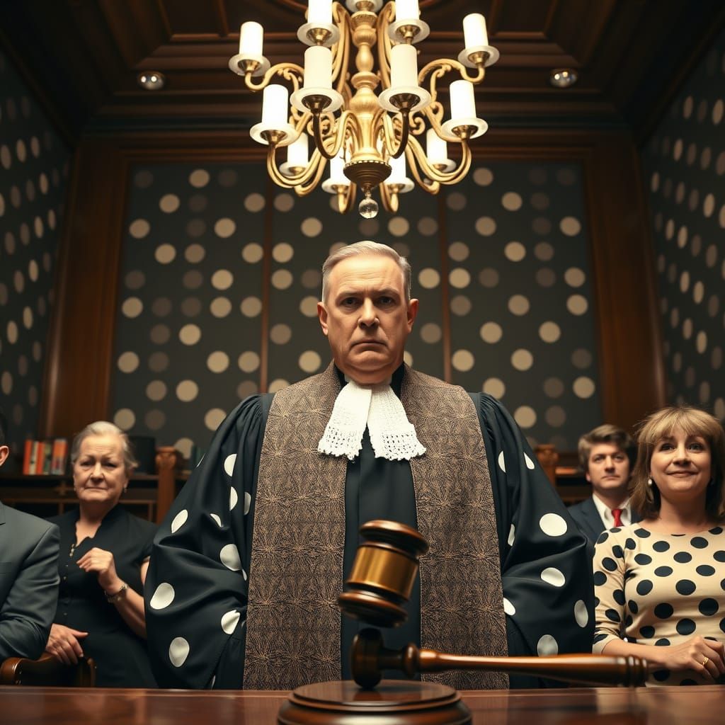 Polka Dot Courtroom: A Humorous High-Contrast Image