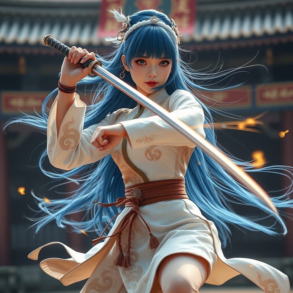 Girl with Blue Hair Performing Sword Dance