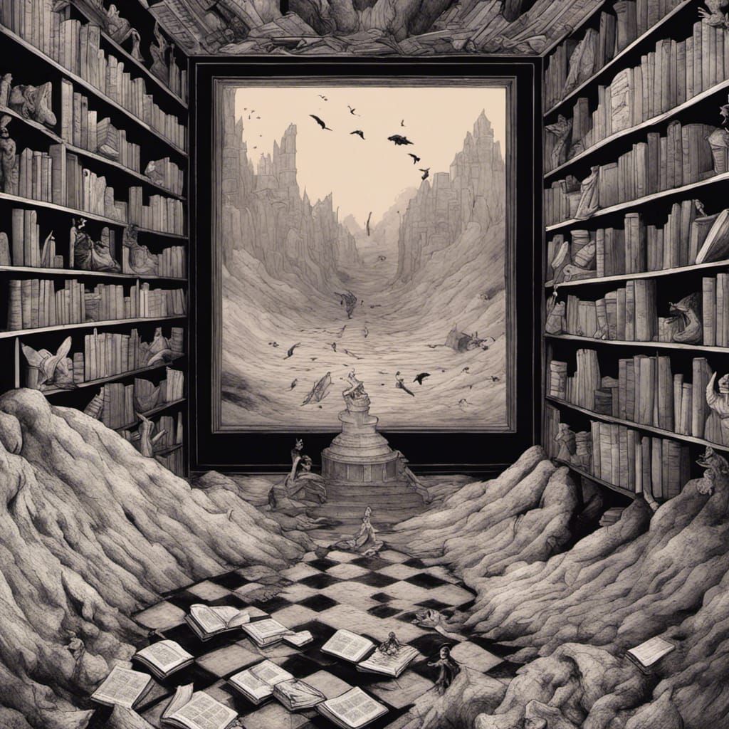 Surreal Stormy Landscape with Eroded Books and Helix