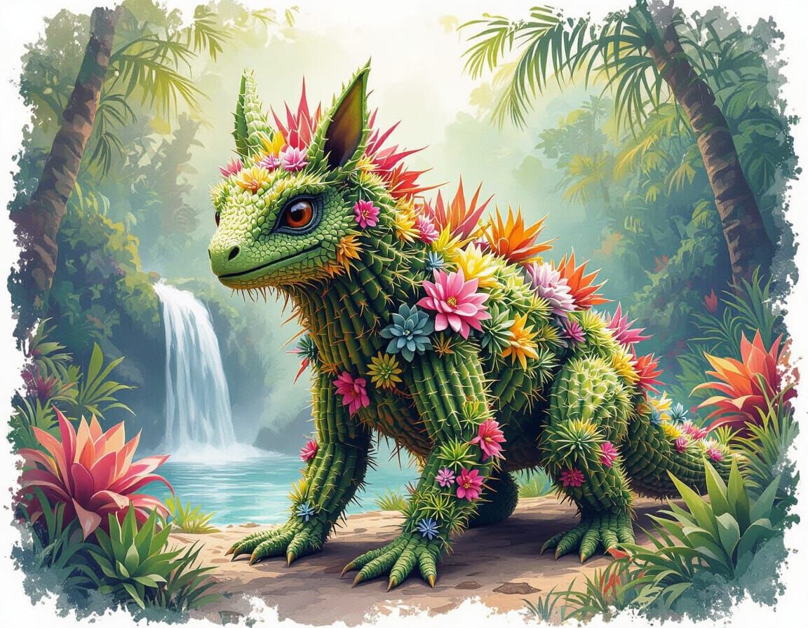 Chupacabra Cactus Creature in Watercolor Forest