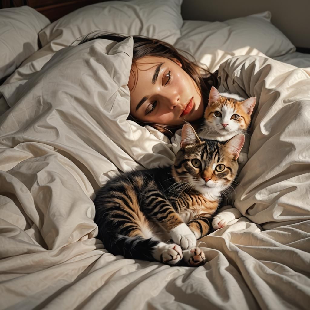 Surrealistic Portrait of a Gentle Girl and a Loyal Cat in Wa...