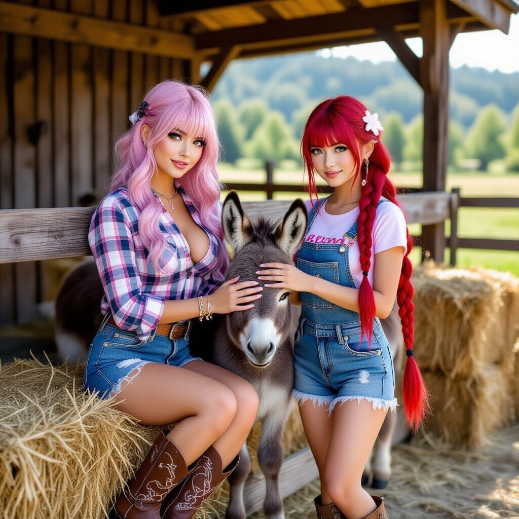 Women Petting Donkeys in Rustic Paddock