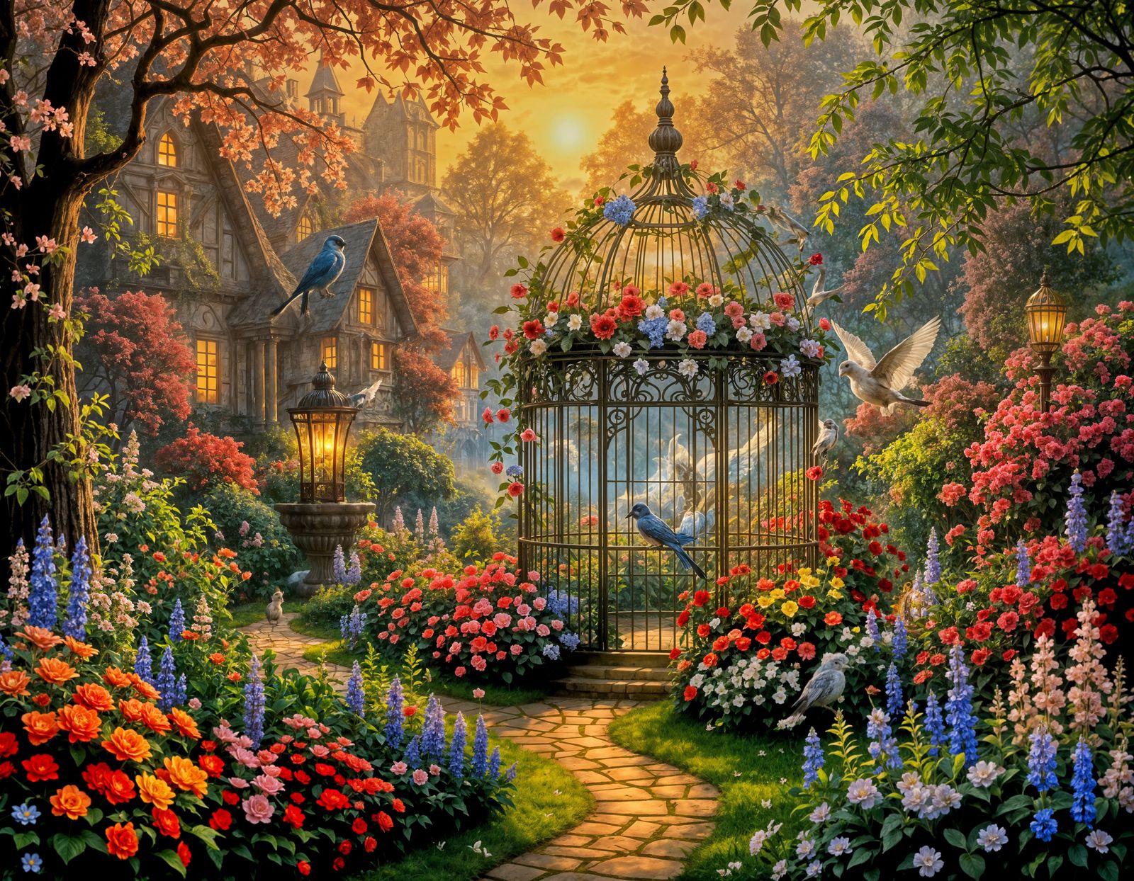 Ethereal Birdcage in Enchanted Garden Mist