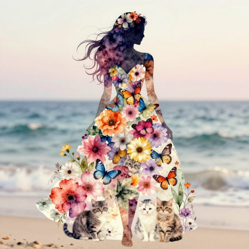 Girl Silhouette Dress Made of Flowers Butterflies Kittens